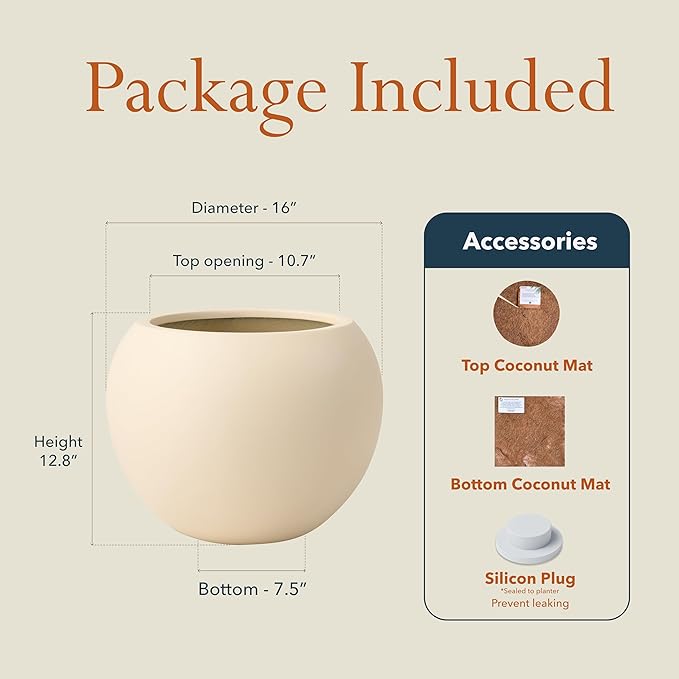 KUTE NEST 12.8" H x 16" D Premium Globo Fiberstone Round Planter with Drainage Hole, Weather Resistant for Indoor and Outdoor Use, Included 2 Extra Coco Mats (Kilim Beige, 10.7" Pot Opening)