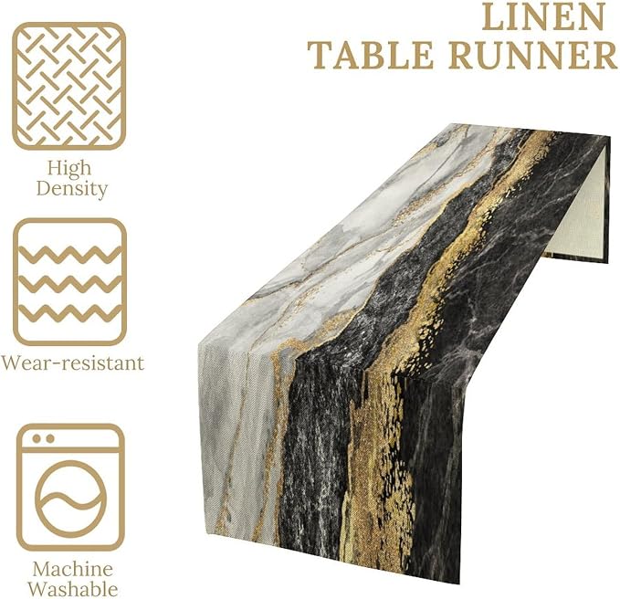 Marble Table Runner,Black Golden Marble Texture Pattern Table Runner for Coffee Table Dining Room Table Bedroom Party Holiday Decor 13x108inch