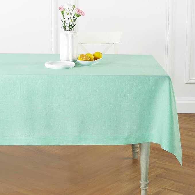 Solino Home Linen Cloth Tablecloth 52 x 52 Inch - 100% Pure Linen Chambray Aqua Square Tablecloth - Athena, Machine Washable Table Throw for Summer