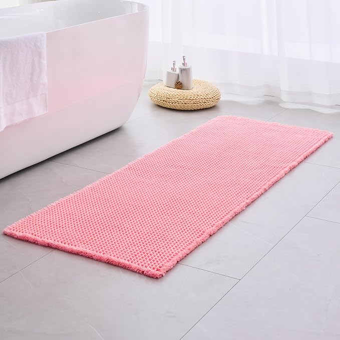 Disolla Waffle Bath Mat, Non Slip Absorbent Bathroom Runner Rug, Washable Quick Dry Ultra Soft Long Bathroom Floor Mat, Large Pink Bath Rug for Tub Shower, 24''x70''