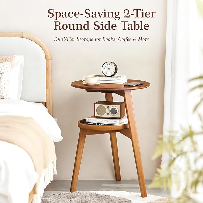 Bamboo Round Side Table, 2-Tier Small Space End Table with Storage Shelf, Mid-Century Modern Rustic Style Narrow Table for Living Room Bedroom Sofa Side