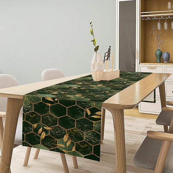 Marble Table Runner,Green Golden Marble Texture Abstract Art Pattern Table Runner for Coffee Table Dining Room Table Bedroom Party Holiday Decor 13x72inch