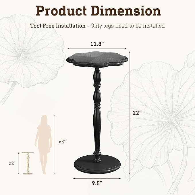 STO'SENSE Black Round Side Table,Drink Table for Small Spaces,Mid-Century Modern Accent Nightstand w/Solid Wood Leg,Sofa Pedestal Table w/Classic Sculpted Design for Living Room,Tool-Free Assembly