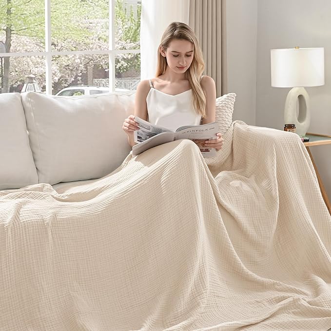 Esterra Muslin Blanket Queen Size Cozy Soft Lightweight Pre-Washed Cotton Blanket, All Season Breathable 4-Layer Gauze Blanket Throw for Couch Bed, Neutral, 90x90 Inches