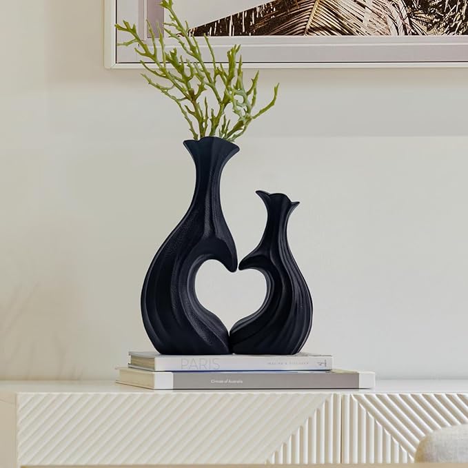 Black Ceramic Vases, Heart Shaped Flower Vase Set of 2