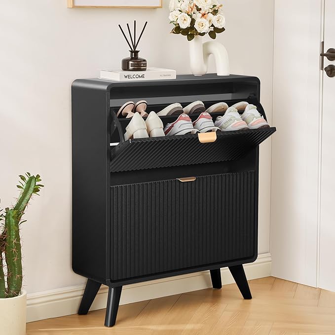 RARZOE Fluted Shoe Storage Cabinet with 2 Flip Drawers, Narrow Curved Shoe Cabinet for Entryway, Freestanding Wood Hidden Shoe Organizer Closed Shoe Rack Cabinet for Foyer, Hallway (27.5''Black)