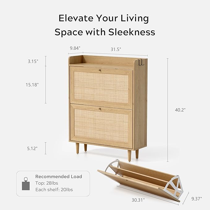 EYYTHUNG Rattan Shoe Cabinet Set of 2, Farmhouse Shoe Organizer with 2 Flip Drawers, Boho Wooden Hidden Slim Narrow Shoe Rack Cabinet for Entryway, Hallway, Natural Oak