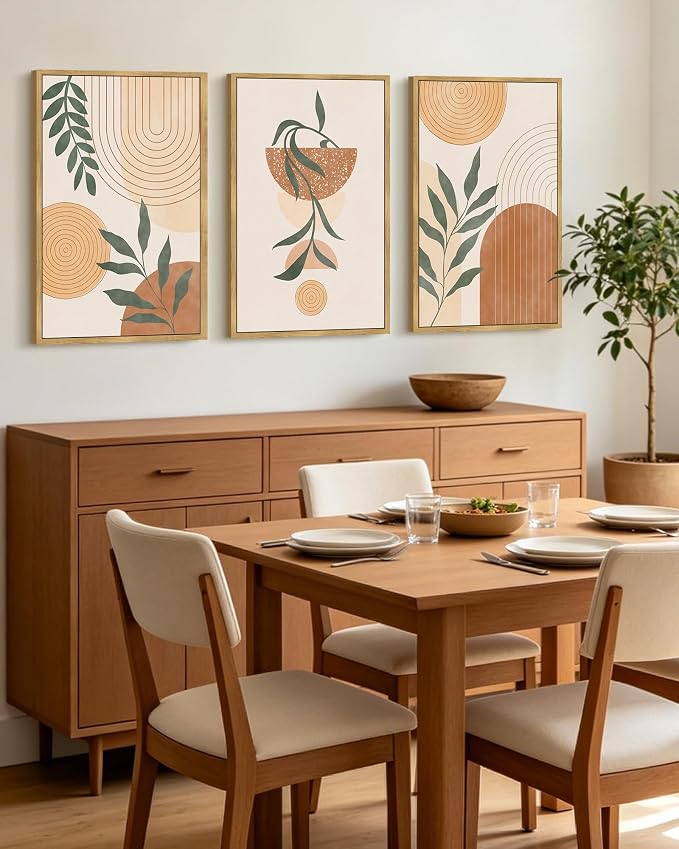 KUVIOKE Boho Wall Art Framed Botanical Mid Century Modern Wall Printing Neutral Abstract Geometric Prints Bohemain Sage Decor for Farmhouse Living Dining Room 16x24in (Natural Framed)