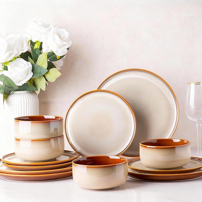 LeRatio Ceramic Dinnerware Sets for 4,12-Piece Plates and Bowls,Handmade Reactive Glaze Dishes Set,Chip Resistant and Scratch Resistant | Oven Dishwasher & Microwave Safe,Service for 4-Kahki