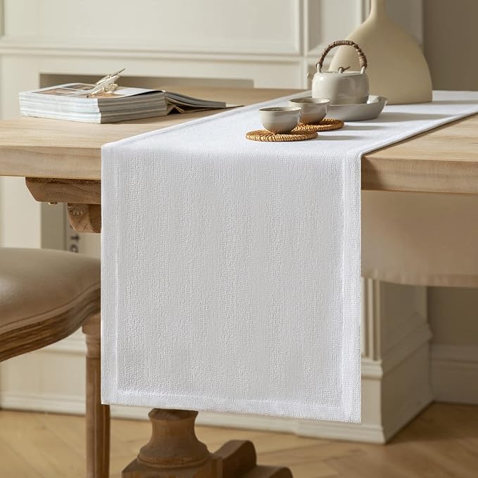 ZeeMart Burlap Style Farmhouse Table Runners 48 Inches Long, White Rustic Woven Dining Table Runner for Everyday Use, 14x48 Inches, White