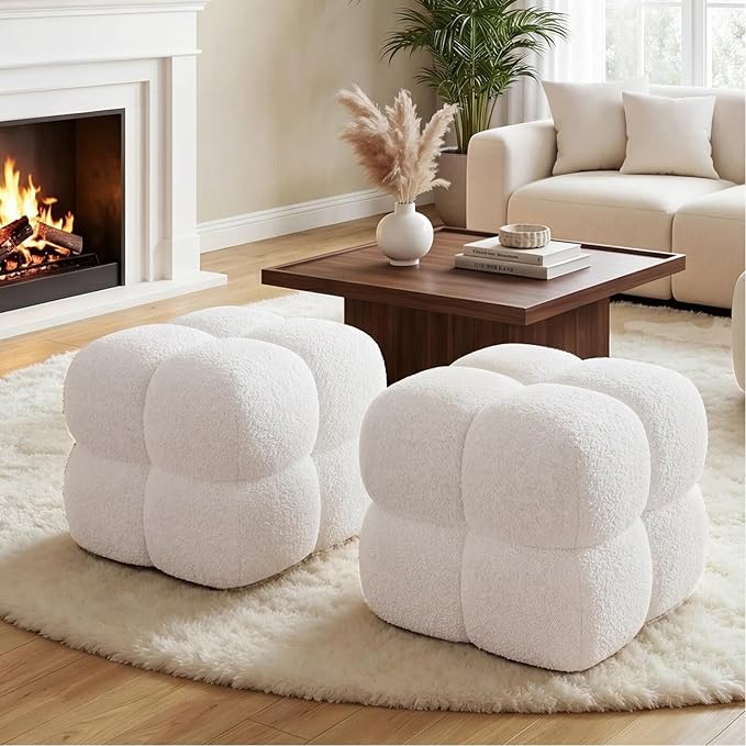 Zesthouse Square Pouf Ottoman, Modern Ottoman Coffee Table for Living Room, Fuzzy Sherpa Couch Foot Rest, Upholstered Tufted Cube Stool for Couch, White