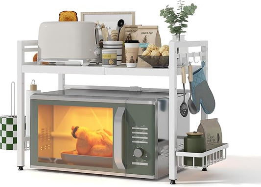 NETEL Expandable Microwave Stand,2 Tier Metal Kitchen Countertop Organizer Shelves with Paper Towel Holder and Baskets,Bakers Rack,Microwave Shelf,Microwave Oven Rack,55lbs Weight Capacity,White