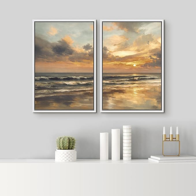 SIGNLEADER Framed Canvas Print Wall Art Set Golden Sunset Seascape Illustrations Modern Relax/Calm Multicolor for Living Room, Bedroom, Office - 24"x36"x2 White
