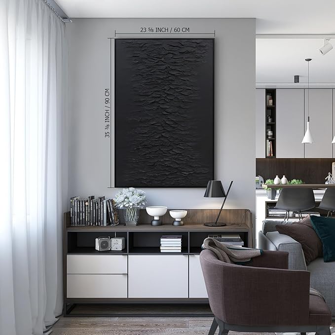 Zessonic Hand-Painted Thick Textured 3D Abstract Wall Art Large Black Texture Minimalist Wall Art - 3D Contemporary Dimensional Home Office Living Room Modern Wall Decor Framed - 24"x36"
