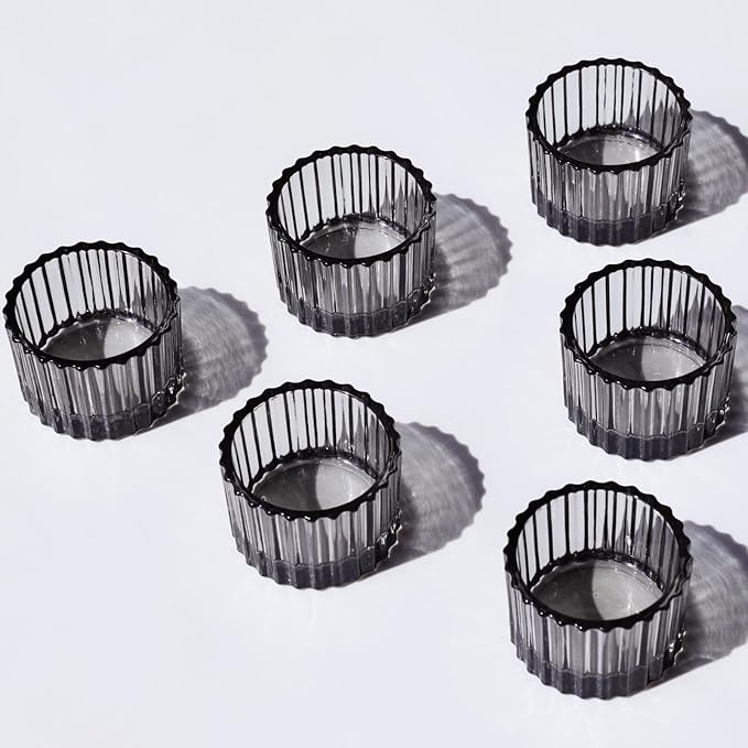 VOHO Classic Grey Tealight Candle Holder for Modern Home Decor, Set of 12 Tea Light Candle Holder Glass Ribbed Gifts for Thanksgiving Holiday, Small Votive Candle Holders for Birthday Themed Party