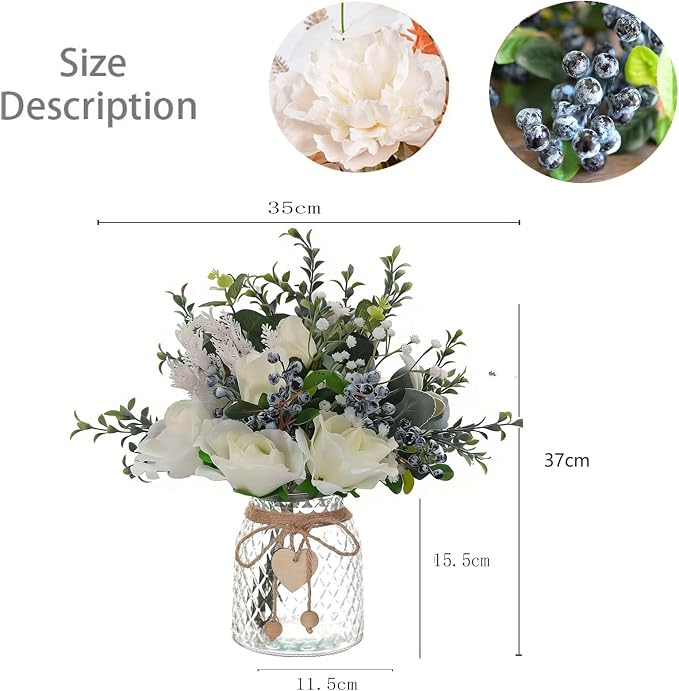 Faux Flowers in Vase, Silk Flower Arrangements Blueberry & Fake Roses Artificial Flowers in Vase, Fake Flower Bouquet for Dining Table Centerpiece Decor and Coffee Table Decor