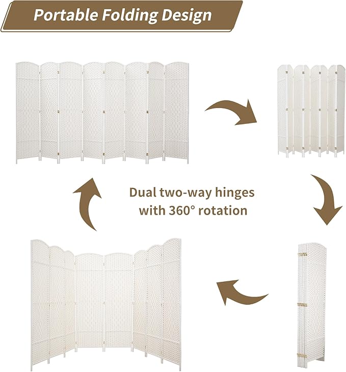 Duraspace 8 Panels Room Divider 6 FT Tall Weave Fiber Privacy Screen Freestanding Double Hinged Folding Screen Extra Wide Room Dividers for Patio Privacy (Off White)