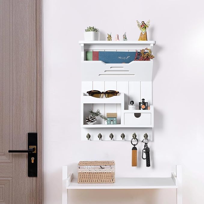 DOPACE Key Holder for Wall, Mail and Key Holder, Mail Organizer Wall Mount with Storage Drawer and 6 Hooks, Easy Installation Key Holder for Entryway and Home Decor, White