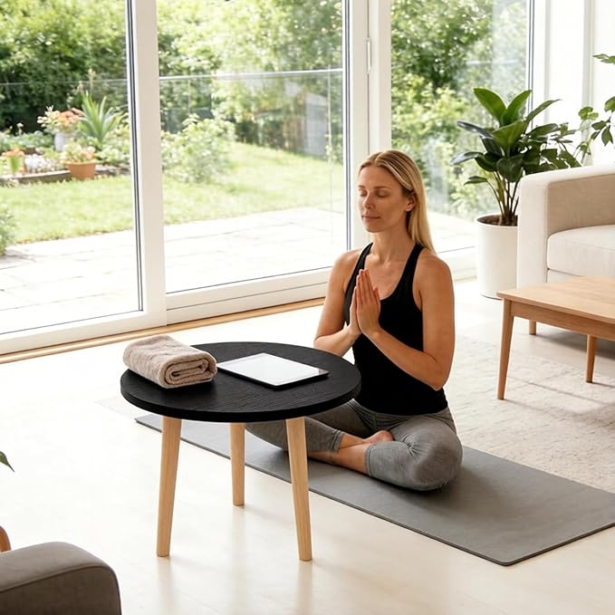 Round Coffee Table Low Table with 3 Solid Wood Sturdy Legs,Floor Table Desk for Sitting on The Floor,23.6"D x 23.6"W x 16"H Inches,Living Room/Toy room Furniture,Rental house Furniture (Black)