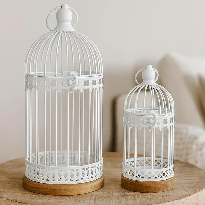 VELA LANTERNS Birdcage Candle Lanterns – Set of 2 Decorative Metal Lanterns on Wooden Base – Vintage Farmhouse Tabletop & Hanging Lantern for Weddings, Parties & Home Decor, White