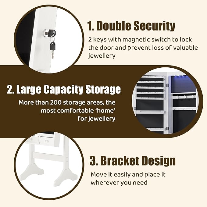 Sweetcrispy Freestanding Jewelry Armoire Cabinet, 47.3-Inch Full Length Jewelry Organizer Standing Mirror, Tall Lockable Large Capacity Makeup Organizer Storage, Velvet Lining, 3 Angles, White