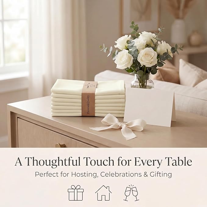 Urban Villa Cloth Napkins 100% Cotton Highly Absorbent Washable Durable Reusable Premium Dinner Napkins Ideal for Gifts for Mothers Day Hotel Farmhouse Parties - Off White (20" x 20", Set of 12)