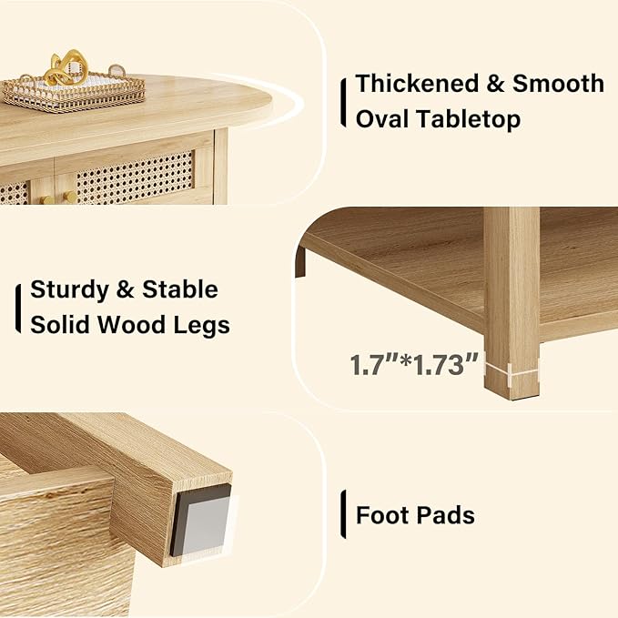 LVB Rattan Coffee Table, Boho Wood Living Room Table with Storage, Oval Modern 2-Tier Cocktail Tea Table with Doors & Open Shelf, Farmhouse Vintage Center Tables for Bedroom Office, Light Oak, 47In