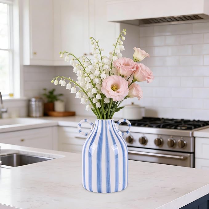 Blue and White Ceramic Vase with Handle, Nordic Boho Small Vases Side Table Flower Centerpiece, Wide Mouth Single Flower Vase Pampas Grass Decorative - for Home Window Sill Living Dining Room Kitchen