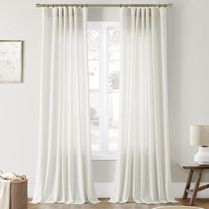 Joywell Natural Linen Curtains 92 Inches Length Light Filtering Sheer Neutral Farmhouse Boho Rod Pocket Back Tab Hook Belt Clip Rings Cream Ivory Window Drapes for Bedroom Living Room 2 Panels 52x92