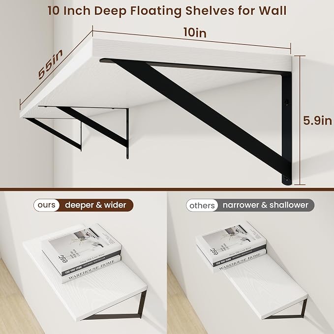 Axeman Deep Floating Shelves | 55 Inch White Wall Shelves Set of 2 | 10 Inch Deep Wood Floating Shelves for Wall | 55" W x 10" D White Shelves for Living Room Bathroom Kitchen