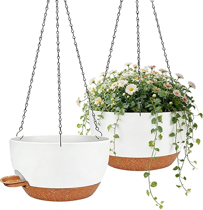 12 Inch Self Watering Hanging Planters 2 Pack, Indoor Outdoor Hanging Pots for Plants with Drainage Holes & Saucers, White Brown Plastic Hanging Baskets for Kitchen Balcony Garden