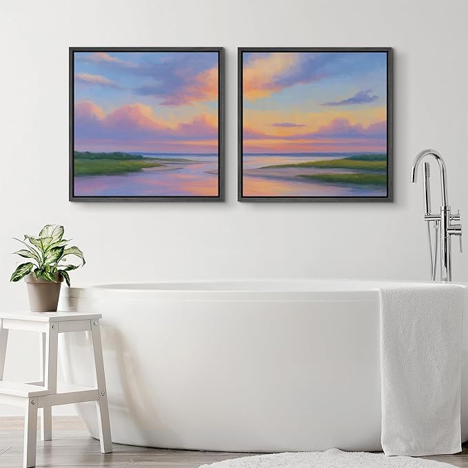 SIGNFORD Framed Canvas Print Wall Art Set Pastel Sunset Coastal Landscape Soft Color Horizon Modern Art Relax/Calm for Living Room, Bedroom, Office - 24"x24"x2 BLACK