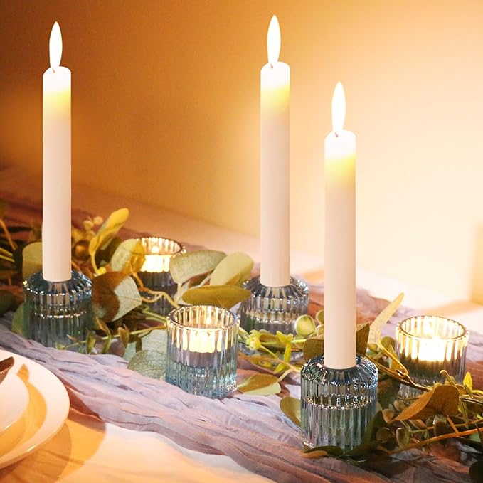Reversible Blue Glass Candle Holder Set of 6, Thick Heat-Resistant Glass Candlestick Holders for Taper, Tealight, Votive, LED Candles, Perfect for Wedding, Party, Home Décor