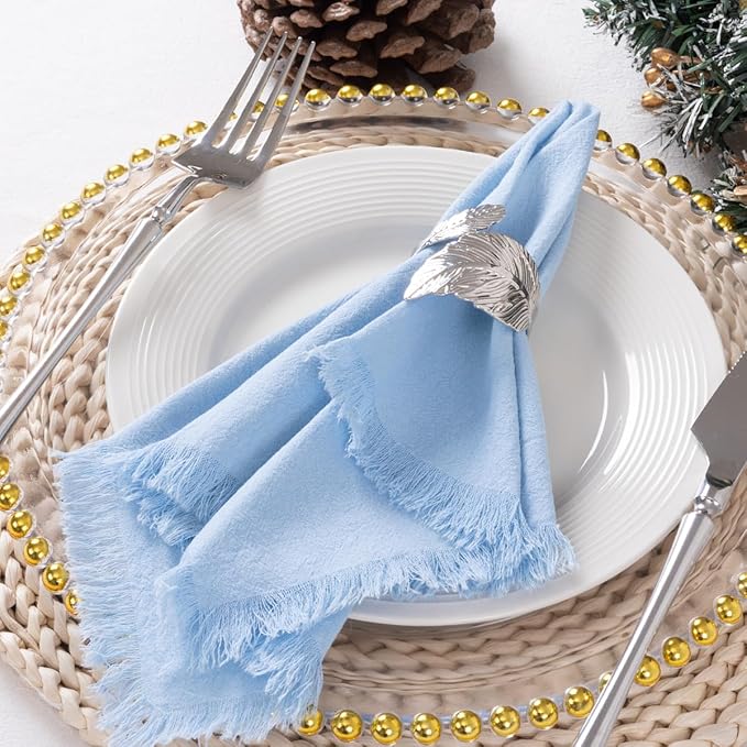 DeZerlor 6 Pack Baby Blue Cotton Linen Napkins with Fringe Summer Cloth Napkins Set of 6 Boho Handmade Dinner Napkins Bulk for Wedding Bridal Baby Shower Parties, 17 x 17 Inches