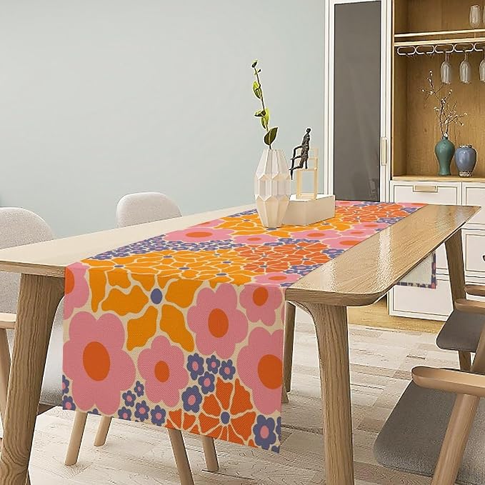 Retro Floral Table Runner Vintage Boho 70s 60s Groovy Hippie Geometric Flowers Dinner Runner for Home Kitchen Dining Table Holiday Party Decor 13"x90"