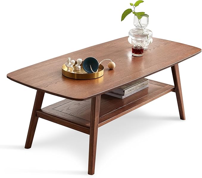Modern Solid Oak Wood Coffee Table, 2-Tier Small Wooden Coffee Table with Storage Shelf for Living Room, Apartment, Office(32''D x 20''W x 18''H)
