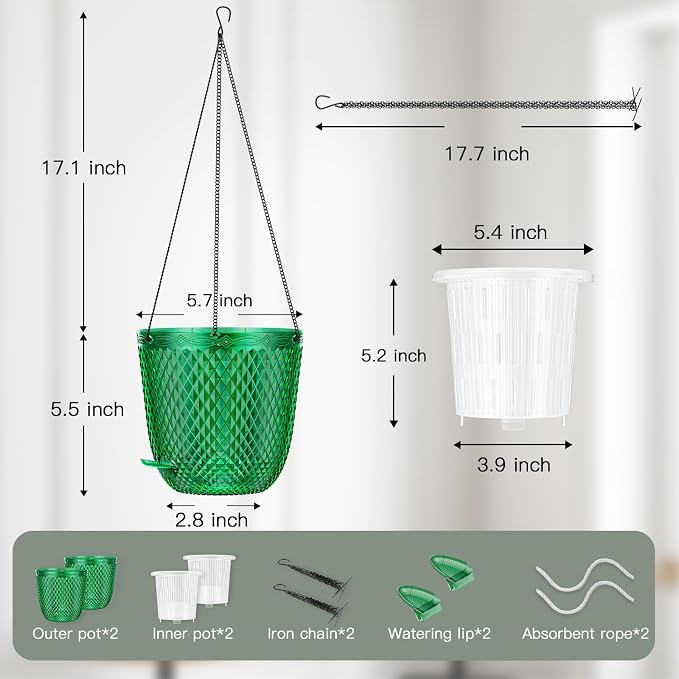 QCQHDU Hanging Planters for Indoor Plants, 2-Pack, 5.7 Inch, Emerald | Plastic, Self Watering Plant Hanger, with Drainage Holes, 3 Hooks Chains, For Garden Home