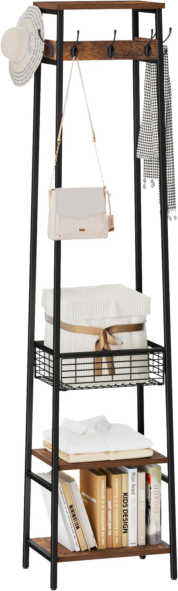 Coat Rack Freestanding, Coat Stand with Metal Basket and Storage Shelves, Hall Tree Free Standing With and 7 Hooks, Clothes Rack Stand Organizer, Rustic Brown and Black