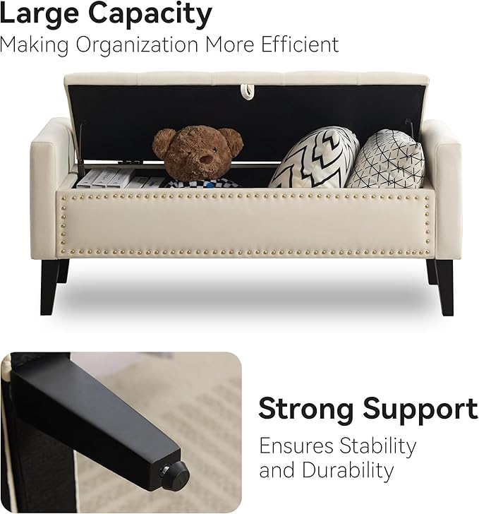 WUTUTUEE 47" Velvet Storage Bench, Upholstered Bed Bench with Storage, End of Bed Ottoman with Wooden Legs,Bedside Storage Bench for Bedroom, Living Room, or Entryway, Beige
