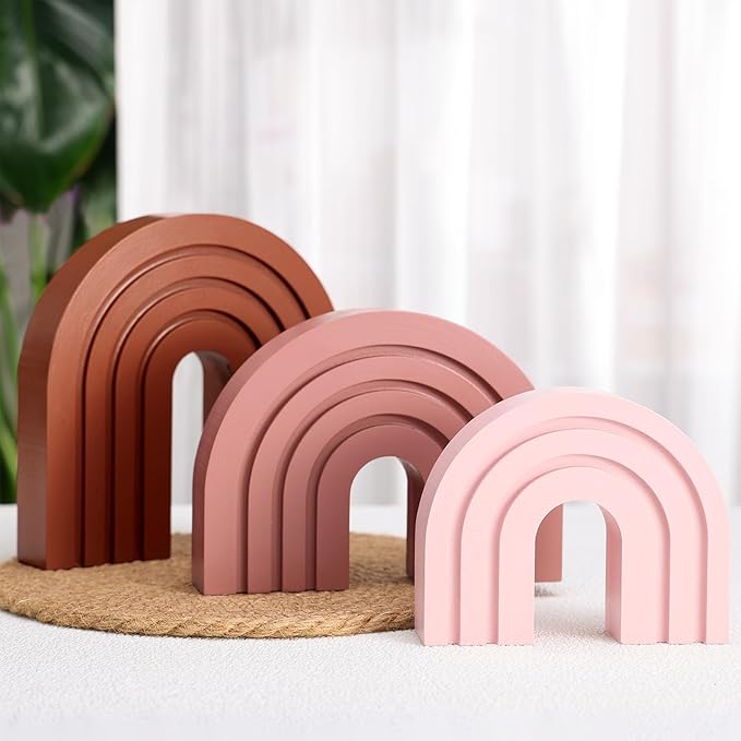 Set of 3 Pink Boho Shelf Decor Wood Arch Rainbow Room Decor Modern Wooden Arch Decoration for Shelf Table Mantel Book Ends Living Room Office Nursery Home Aesthetic Decorations