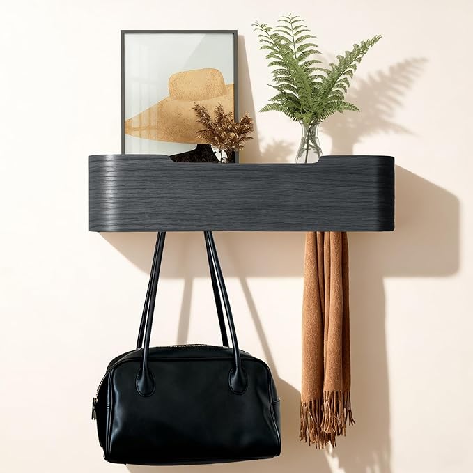 Coat Rack Wall Mount with Shelf Entryway Shelf Modern Key Holder Hanger Wall Shelves with Hidden Hooks for Hanging Towels Coats Hats Bags for Hallway Bathroom Bedroom(Black, 4 Hooks)