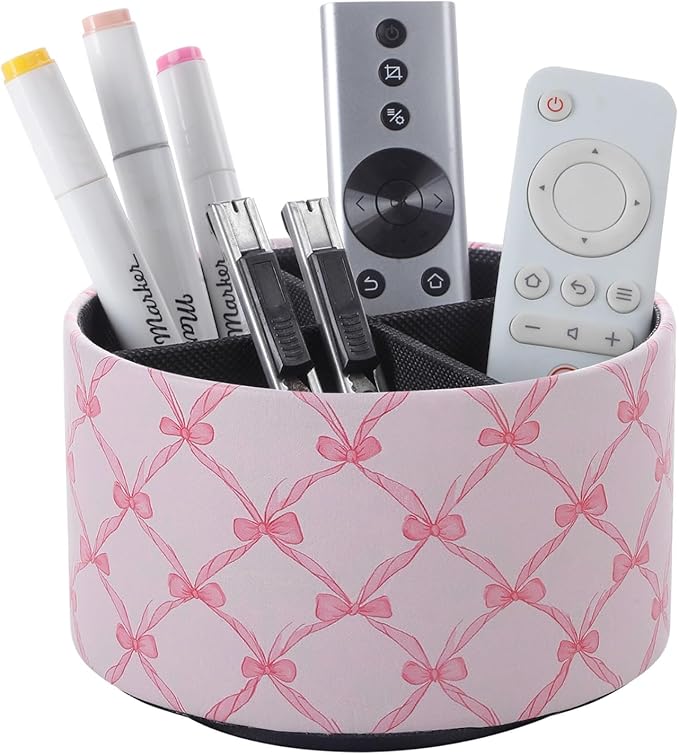Cute Rotating Table Remote Control Holder, 360 Spinning PU Leather Remote Organizer and Makeup Brush Holder, Aesthetic Room Decor Storage Caddy for Nightstand, Pink Bow PH131