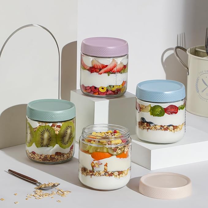 POIKSHARK 6-Pack Overnight Oats Containers with Lids, 16 OZ Wide Mouth Glass Jars with Airtight Lids, Mason Jars Glass Food Containers for Snack Spice Sugar Food Prep Yogurt