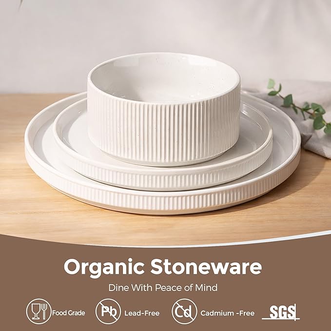 GBHOME Stoneware Dinnerware Sets for 4, 12 Pieces Ceramic Ribbed Plates and Bowls Set, Reactive Glaze Stackable Plate Sets, Scratch Resistant Dishes, Microwave & Dishwasher Safe, White