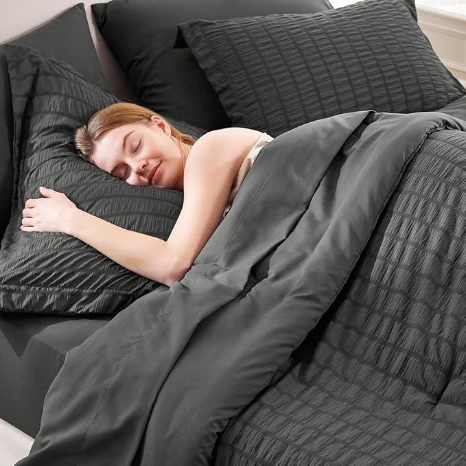 CozyLux Twin Comforter Set with Sheets 5 Pieces, Dark Grey Seersucker Textured Bed in a Bag, Dark Gray Luxury Soft Bedding Sets with Down Alternative Comforter, Sheets, Pillowcase & Sham All Seasons