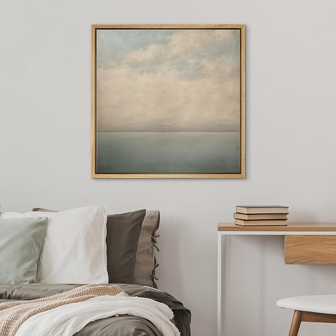 SIGNWIN Framed Canvas Print Wall Art Serene Ocean Horizon Soft Blue and Beige Coastal Landscape with Clouds Illustrations Decorative Boho Relax/Zen for Living Room, Bedroom, Office - 16"x16" Natural