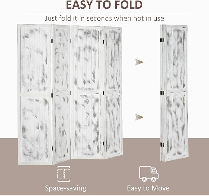 HOMCOM 5.5' Tall 4-Panel Room Divider and Folding Privacy Screen, Woodgrain Freestanding Privacy Divider, Partition Wall, Rustic White
