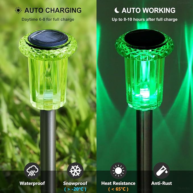 DenicMic Solar Lights Outdoor 10 Pack Waterproof Green LED Stainless Steel Stake Outside Lights for Yard Pathway Garden Driveway Walkway Landscape Path Lighting