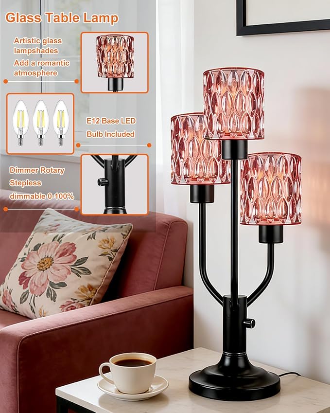 Lightdot Modern Glass Table Lamp Dimmable Mid Century Black Desk Lamp with Thickened Red Glass 3 Bulbs Included 3000K Warmwhite Nightstand Lamp for Bedroom Bedside End Table