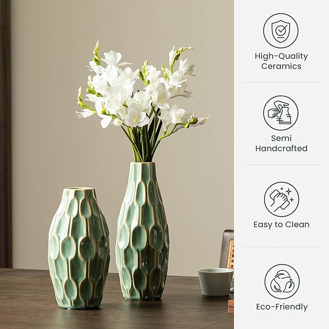 Glitzhome Turquoise Ceramic Vase Set, Modern Green Vases for Home Decor, Farmhouse Table Vase for Centerpieces, Living Room, Mantel Centerpiece Shelf Decoration, Set of 2